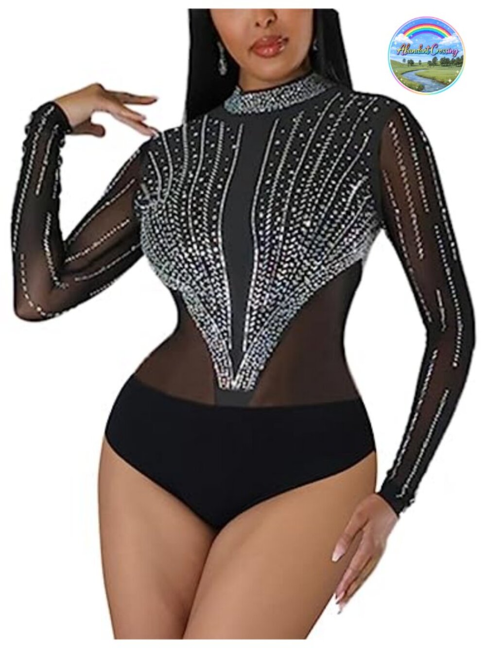 Sheer Mesh Rhinestone Bodysuit Long Sleeve Thong Snap Closure